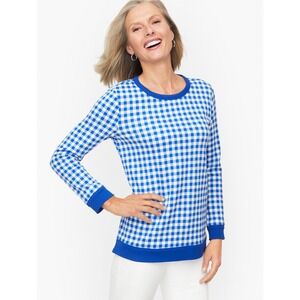 Talbots Blue Gingham Crewneck‎ Sweatshirt Size LP Preppy Fleece Lined Comfy Cozy